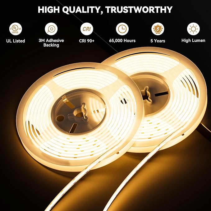 PAUTIX COB LED Strip Lights 48ft/15m Super Bright,504 LEDs/m Warm White 2700K CRI90+ Flexible LED Tape,DC24V for Cabinet Home DIY Lighting Projects with 2pcs COB Connector(Power Supply Not Included)