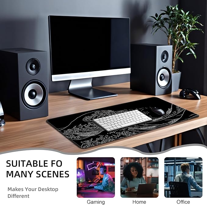 BZU Japanese Sea Wave Extended Big Mouse Pad Large,XL Gaming Mouse Pad Desk Pad,31.5x11.8inch Long Computer Keyboard Mouse Mat Mousepad with 3mm Non-Slip Base and Stitched Edge for Home Office Work