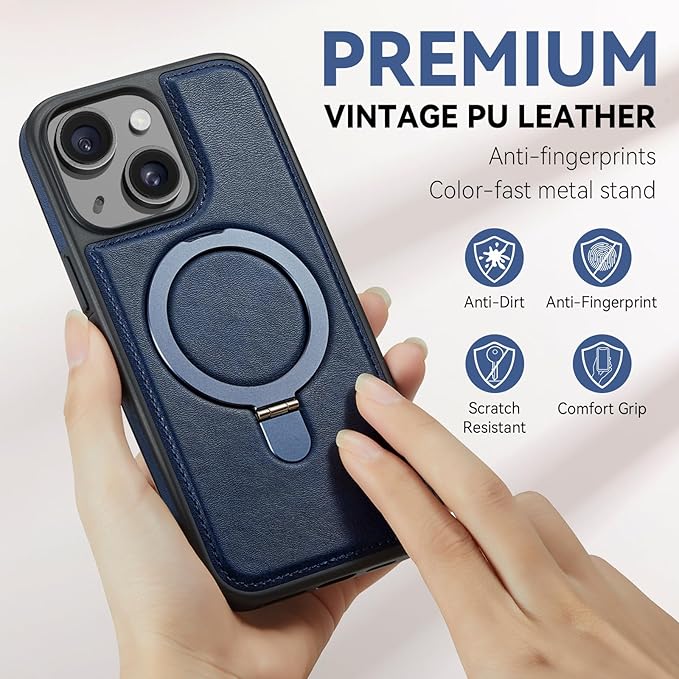 for iPhone 14 Case with Stand Compatible with Magsafe Slim PU Leather & Durable TPU Drop Proof Magnetic Kickstand Protective Phone Cover with Tempered Glass Screen Protector 6.1", Blue