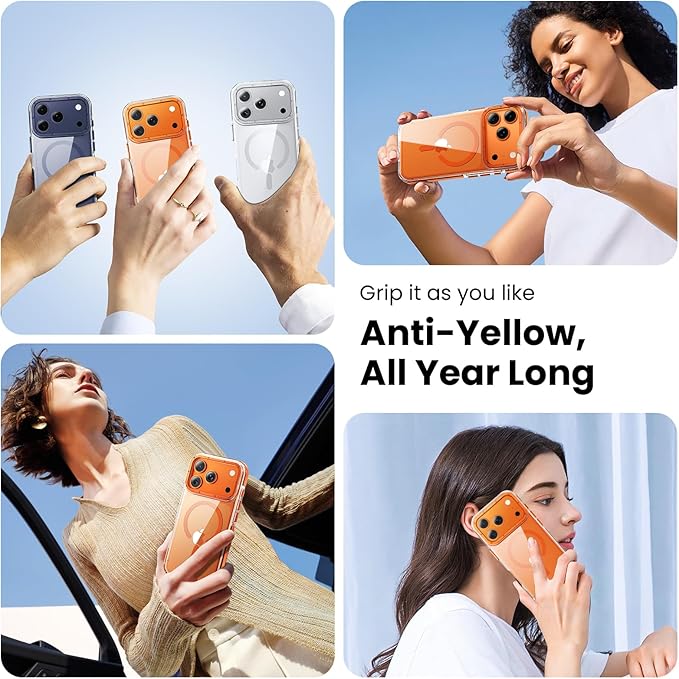 Anti-Yellowing Strong Magnetic for iPhone 17 Pro Case with Screen Protector*1 Camera Lens Protector*1,Fits MagSafe,[12FT Military Grade Drop] Slim Thin Cover, Clear Orange