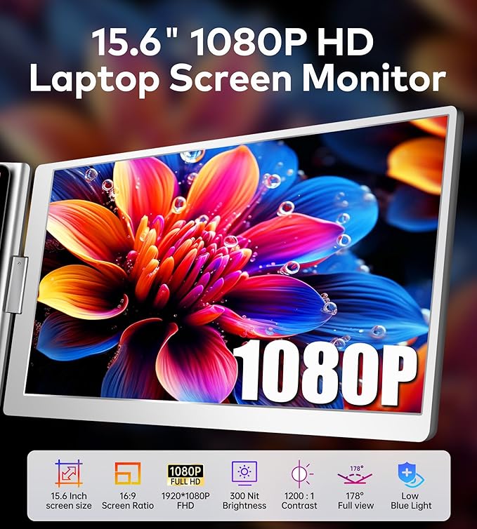 15.6" Laptop Screen Extender Monitor Portable, Quad Monitor, Just 1 Cable for 3 Screens, FHD 1080P IPS Laptop Extender Compatible with Wins/Mac for 13.6" ~ 17.3" Laptops