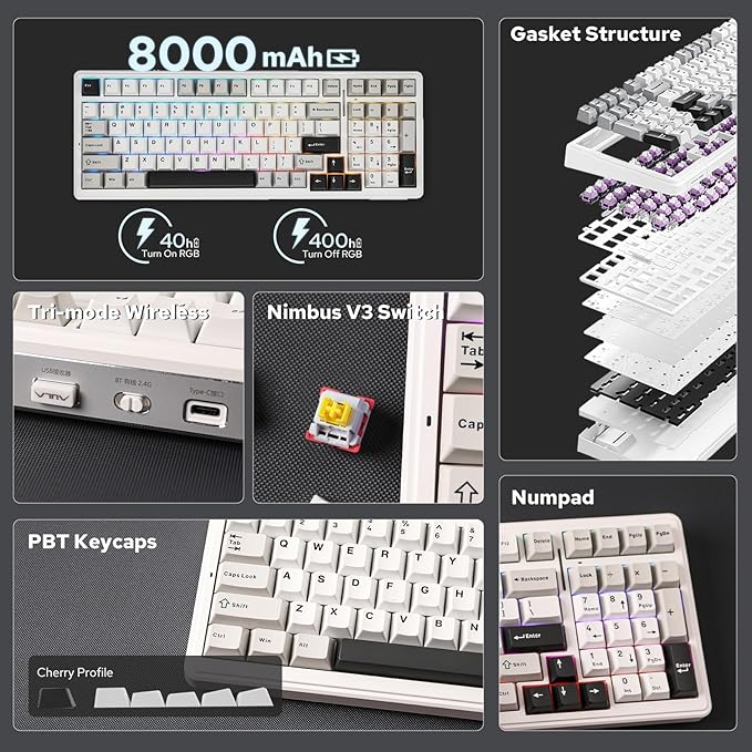 EPOMAKER x Aula F99 Wireless Mechanical Keyboard, Hot Swappable Gasket Custom Gaming Keyboard with Five-Layer Padding, BT/2.4GHz/USB-C, 8000mAh Battery (White Grey, Nimbus V3 Switch)