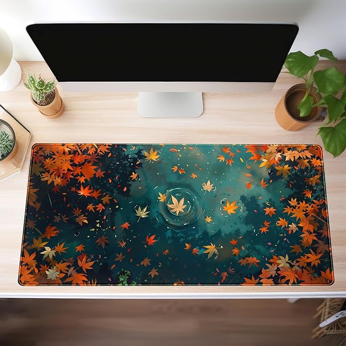 Maple Leaves Desk Mat Gaming Mouse Pad Large, Extended Desk Pad Full Desk Cover Mat, Fall Leaves Laptop Keyboard Pad, Computer Desktop Mat XXL, Aesthetic Fall Desk Accessories 31.5x15.7 Inch