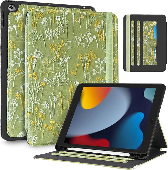 Uppuppy for iPad 9th/8th/7th Generation Case 10.2'' - for Women Girls Cute Embroidered Folio Stand Cover with Pencil Holder & Card Slot Girly Kawaii Plants Design Aesthetic Cases for iPad 7th/8th/9th