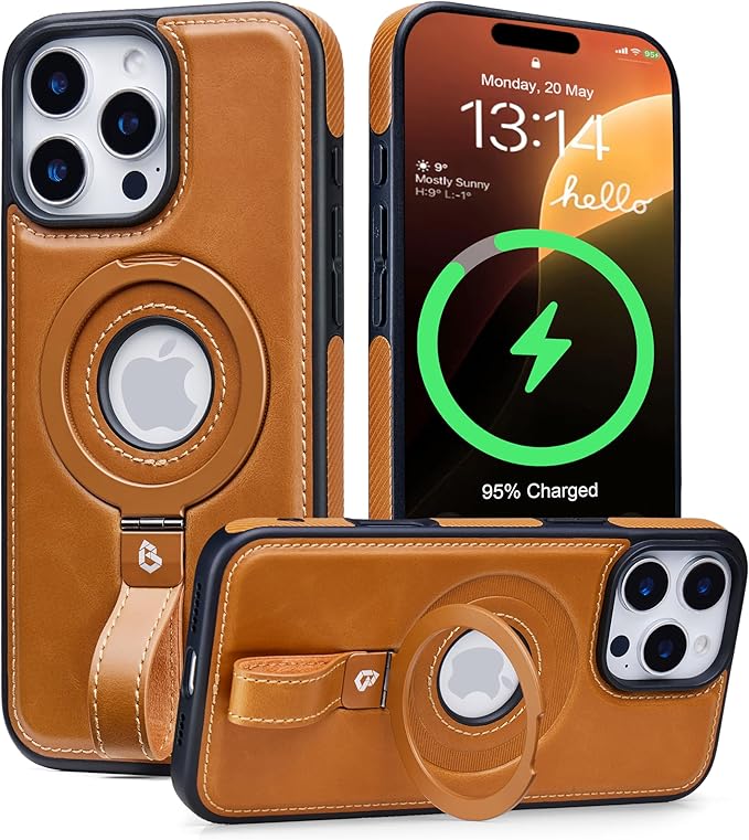 Butaiga for iPhone 16 Pro Leather Case with Stand, Anti-Slip Grip Ring, Fits for MagSafe (Brown, iPhone 16 Pro)