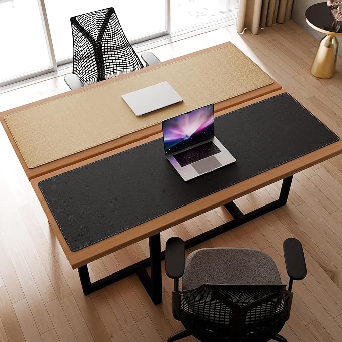 Chihein 63” x 20” Cork & PU Leather Desk Mat (Black) - Huge Mouse Pad, Double Sided Waterproof Desk Pad Protector for Gaming, Office, Home