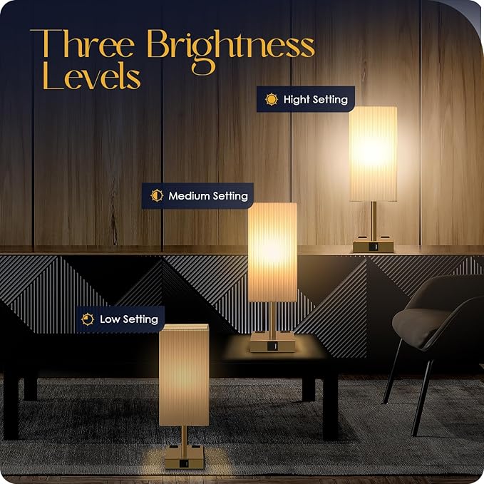 Set of 2 Bedside Table Lamp 3 Way Dimmable Nightstand Lamp with USB C & USB A Charging Port, 2 AC Outlets, 3000K LED Bulbs (Pleate)