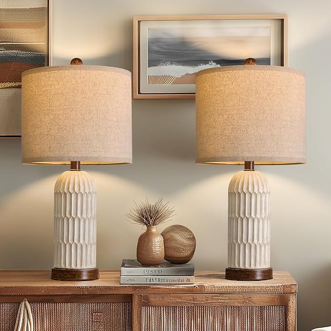 OYEARS 22.5" Bedside Table Lamps Set of 2, Farmhouse Table Lamp with USB A+C Charging Ports,Vintage Nightstand Lamp for Bedrooms and Living Rooms, Retro Resin End Table Lamp, Beige and Brown