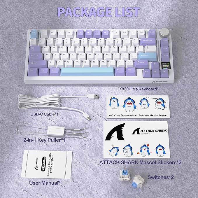 ATTACK SHARK X820 Ultra 75% Wireless Gaming Mechanical Keyboard Hot-Swappable Gasket Mount RGB Backlit BT/2.4G/Wired Custom Keyboard with Smart TFT Display&Knob QMK Driver-Starlight White&Shark Switch
