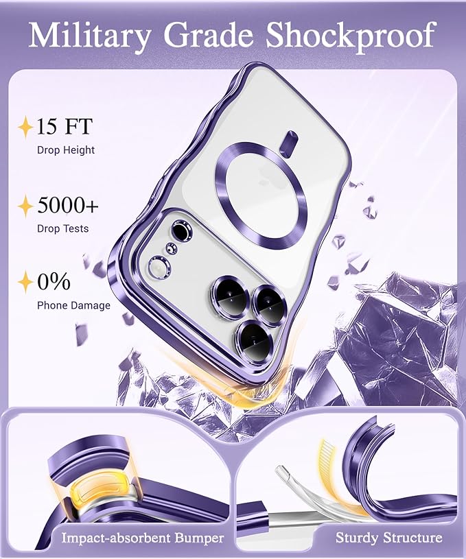 GVIEWIN for iPhone 17 Pro Max Case Compatible with MagSafe, Upgraded [Full Camera Protection][Cute Wave Frame][Military Grade Protection] Electroplated Hard Phone Cover for Women Girl, Clear/Purple