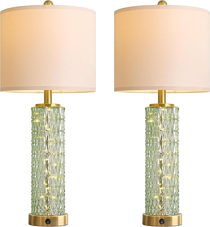 Oneach 27.75" Modern Table Lamps Set of 2, Green Bedside Lamp with Glass Nightlight, USB A+C, Unique Desk Lamps for Living Room, Bedroom, Nightstand, End Table (2 Bulbs Included)