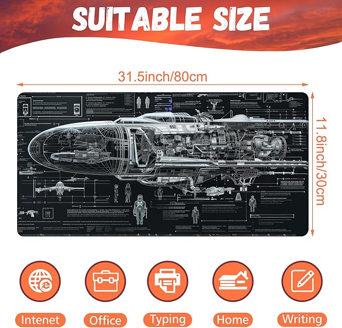 Large Gaming Mouse Pad for Desk, Spaceship Detailed Blueprint Desk Mat, Spacecraft Assembly Diagram Desk Pad, 31.5"x15.7" Extended Big Keyboard Mouse Pad with Non-Slip Base and Stitched Edge