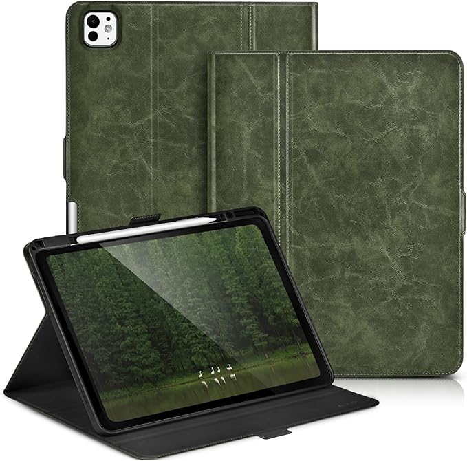 Slim Case for iPad Pro 13 Inch M5/M4 (2025/2024) A3360/A3361/A2925/A2926 with Pencil Holder,Lightweight Cover,Magnetic Closure,Multi Angle Stand,Typing Angle,Auto Sleep/Wake,Green