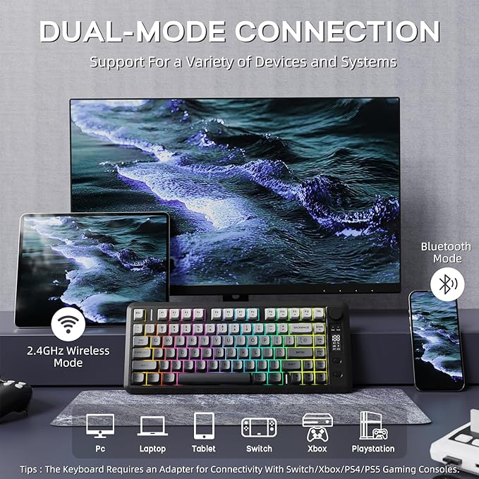 FREEWOLF M75 Wireless Mechanical Feel Gaming Keyboard Bluetooth/2.4Ghz Membrane with Knob & OLED Display Rainbow Backlit Gradient PBT Keycaps 2000mAH Battery Anti-Ghosting-Moonnight