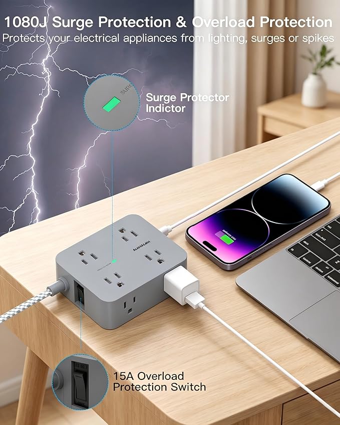 HANYCONY 6 Ft Surge Protector Power Strip with USB C, Extension Cord with 8 Outlets 4 USB Ports(2 USB C), Flat Plug, Wall Mount, 3 Side Outlet Extender for Home Dorm Room Essentials, ETL Listed