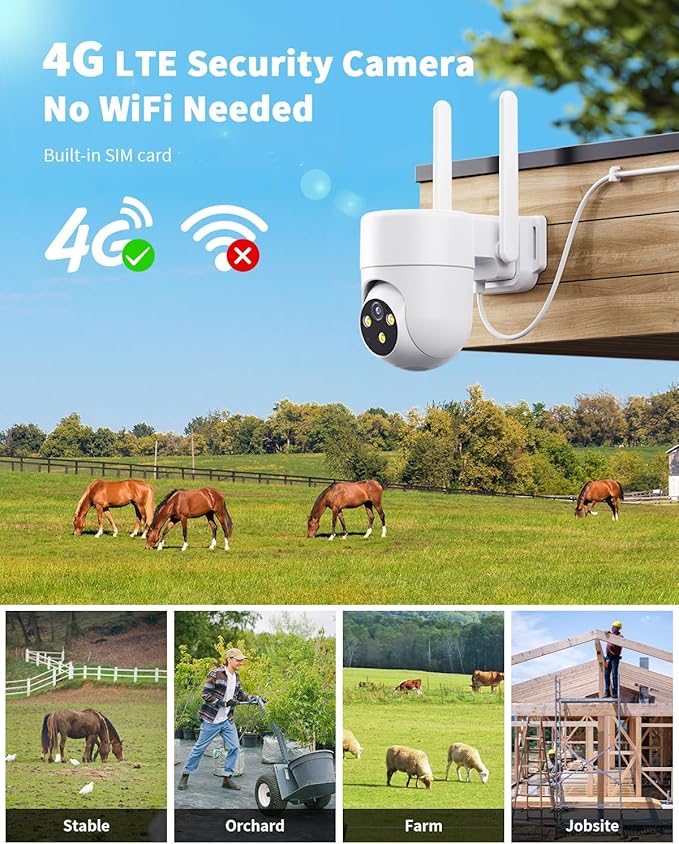 LIWAN 4G LTE Cellular Security Camera Wired, No WiFi Security Camera Outdoor Indoor, Plug-in for 24/7 Recording, 2K Color Night Vision, 360° View, 2-Way Talk, Built-in SIM Card, White, 1 Pack