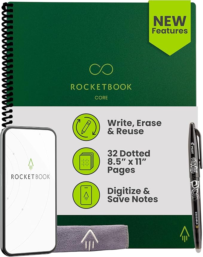 Rocketbook Core Reusable Smart Notebook, Dot Grid Pages For School, Work and Creative Projects, Letter Size 8.5x11, Green - Premium