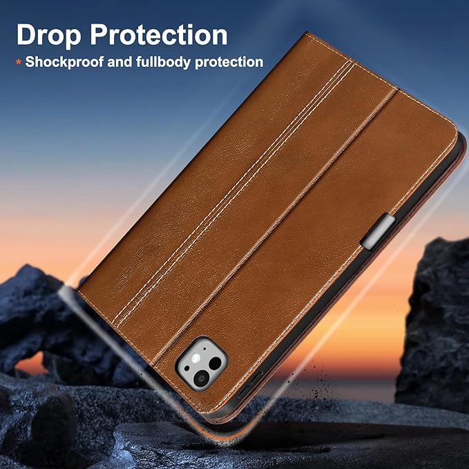 Gexmil Genuine Leather Case for iPad Pro 11 Inch (M5/M4) 2025/2024 with Pencil Holder,Protective Shockproof Leather Smart Folio Cover Adjustable Stand Auto Sleep/Wake Anti-Slip,Yellow Brown