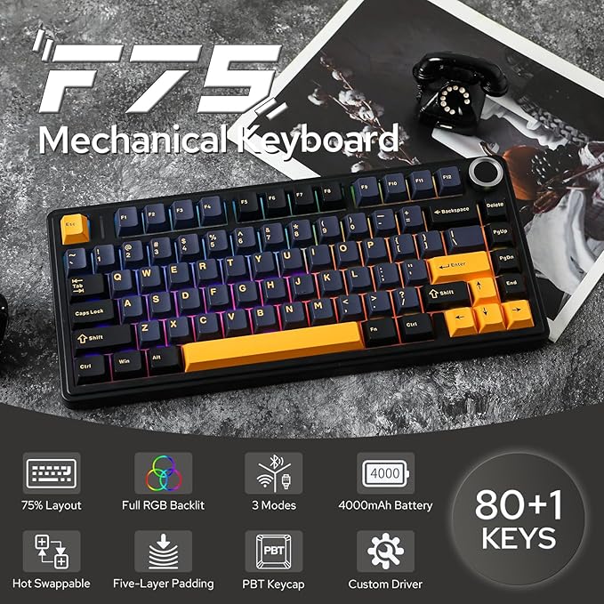 EPOMAKER x Aula F75 Gasket Mechanical Keyboard, 75% Wireless Hot Swappable Gaming Keyboard with Five-Layer Padding&Knob, BT/2.4GHz/USB-C, RGB (Black, Ice Vein Switch)