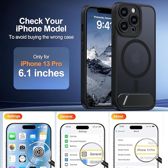 Magnetic Compatible with iPhone 13 Pro Case, [Built-in Invisible Kickstand][Compatible with MagSafe] Translucent Matte Phone Case for iPhone 13 Pro 6.1", Black