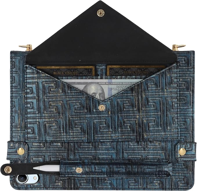 Handbag Case for iPad A16 11th/10th Generation (2025/2022) 11-inch - Techcircle Vintage Maze Pattern Crossbody Folio Stand Cover w/Pencil Holder, Card Slots, Hand Strap, Shoulder Strap, Retro Navy