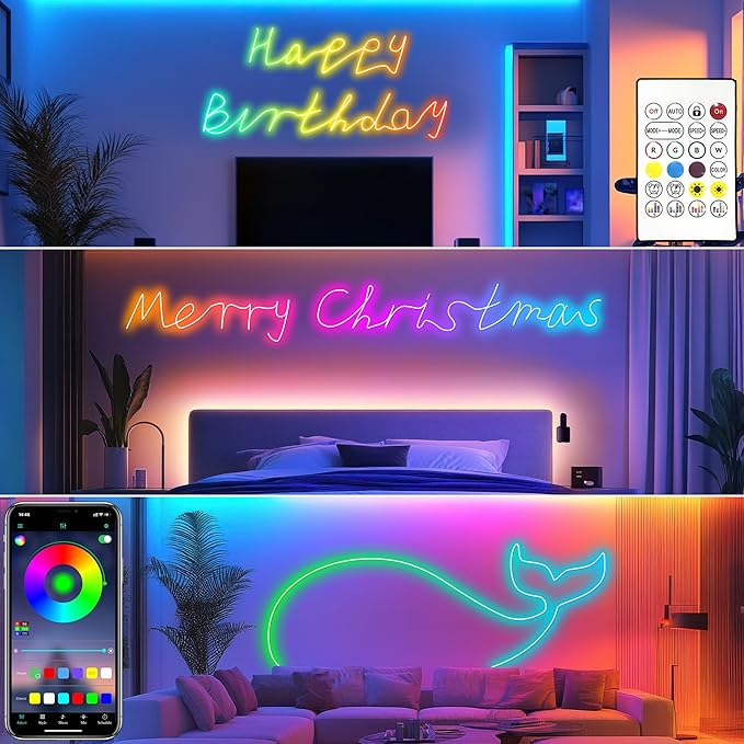 Cozylady RGB Neon LED Rope Lights, Waterproof Bluetooth APP Remote Control Music Sync Strip Lights, 24V Flexible DIY Silicone Light for Bedroom Home Indoor Outdoor Decor (7.5M/25Ft)