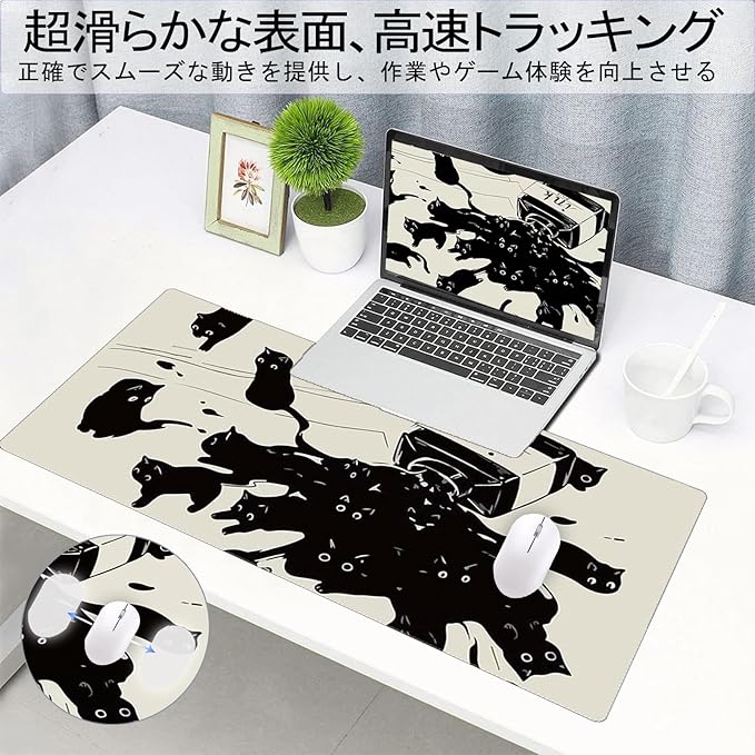Gaming Mouse Pad XXL Extended Anime Mouse Pad 31.5x15.7inch, Large Cute Kawaii Big Computer Mouse Mat Desk Pad with Non-Slip Rubber Base and Stitched Edge for Home Office-Black Ink Cat