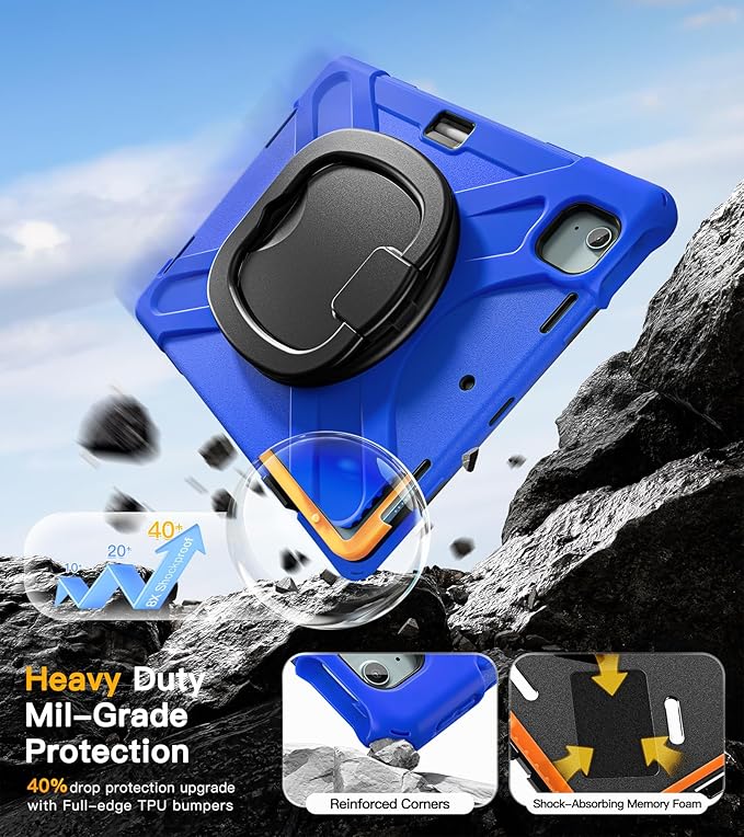 BRAECN for iPad Air 13 Inch Case M4 2026/M3 2025/M2 2024, iPad Pro 12.9 (6th/5th/4th/3rd Gen), Heavy Duty Shockproof Cover with Pencil Holder, Rotating Handle Grip, Kickstand, Shoulder Strap, Blue