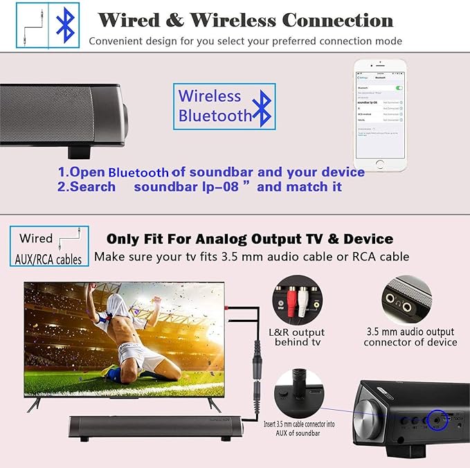 2 X 5W Mini Bluetooth Sound Bar, Wired and Wireless Home Theater Audio for Cell Phone/Tablet/Projector and Support TV with AUX/RCA Output (Remote Control Included)