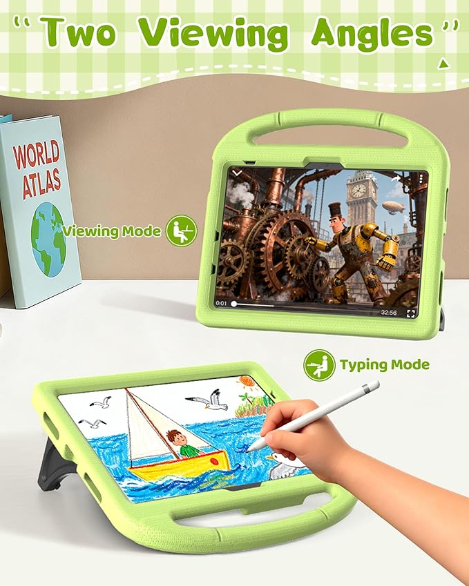 Kids Case for iPad A16 11th Gen 11-Inch 2025 & iPad 10th Generation (10.9" 2022), Durable Shockproof Fully-Body Cover with Screen Protector/Pencil Holder/Stand/Handle for Kids, Light Green