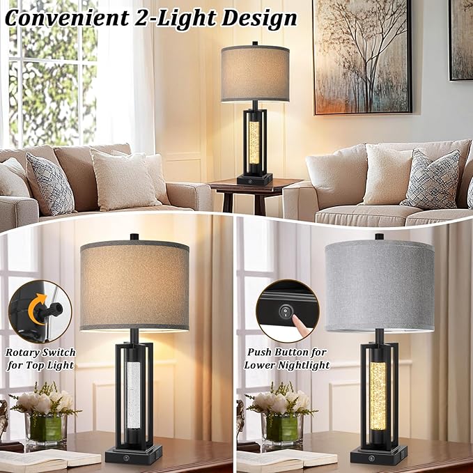 TOBUSA 26’’ Farmhouse Table Lamps for Living Room Set of 2, Modern Nightstand Lamps with Crystal Night Light & 2 USB Ports, Vintage Home Decor Black Bedside Lamps with Gray Linen Shade for Bedroom