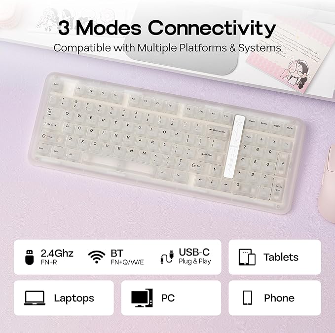 KiiBoom Phantom98 Lite 96% Wireless Mechanical Gaming Keyboard, VIA Programmable, Creamy Keyboard with Gasket, 8000mAh Battery, Hot Swap, RGB Backlits, NKRO for Win/Mac (Clear, Mossy Silent Switch)