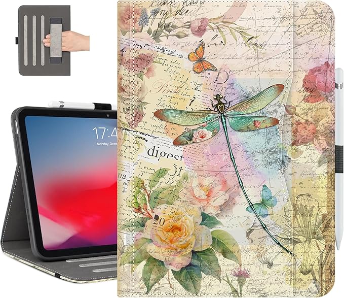 Vimorco Case for iPad (A16) 11th Generation 2025, for iPad 11th/10th Generation Case, Pencil Holder with Hand Strap & Pocket, Multi-Angle Viewing PU Leather Cover, Auto Wake/Sleep, Dragonfly Flower