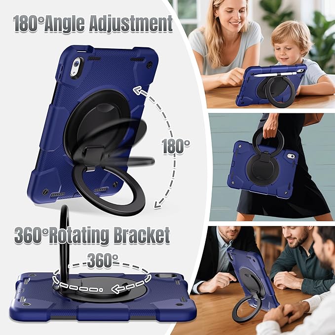 Andnary Case for iPad (A16) 11th /10th Generation 11/10.9 Inch 2025/2022 with Screen Protector/360° Rotate Stand/Shoulder Strap/Pencil Holder, Shockproof iPad 11th/10th Gen Cover (Navy+Black)