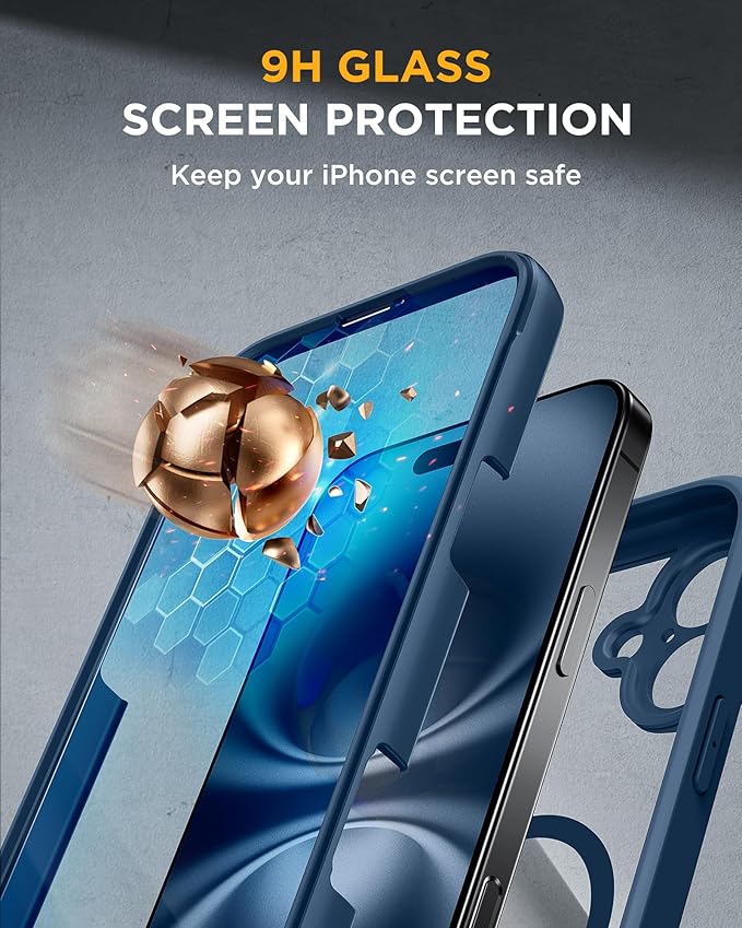 Miracase for iPhone 16 Case 6.1'', Full-Body Protective Phone case with Built-in Full Glass Screen &Camera Control,Easy Installation,No Gap,Compatible with MagSafe,SGS Drop Proof 16 Cover,Storm Blue
