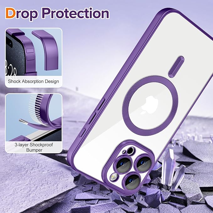 Hython Magnetic Clear for iPhone 15 Pro Case with Camera Lens Protector [Compatible with MagSafe] Luxury Plating Edge Slim Soft TPU Cover Protective Phone Case for iPhone 15 Pro 6.1", Matte Purple