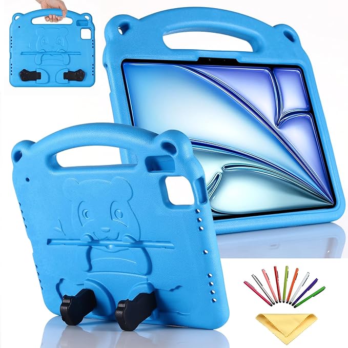 Kids Case for Apple iPad Air 11 inch Tablet (M3 2025/M2 2024), with Kickstand/Handle Slim Lightweight Soft EVA Foam Shockproof Stand Boys Girls Cute Heavy Duty Protection Cover, Blue Panda