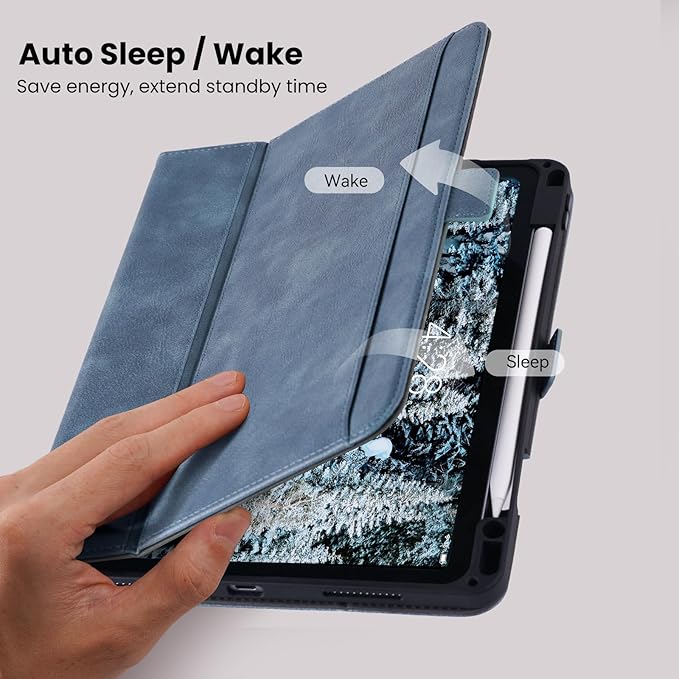 Handmade Case for iPad Pro 11 Inch (M5/M4) 2025/2024 with Pencil Holder Pocket,Magnetic Closure,Auto Sleep/Wake,Vegan Leather Folio Protective Cover,Multi Angles Stand,Light Blue