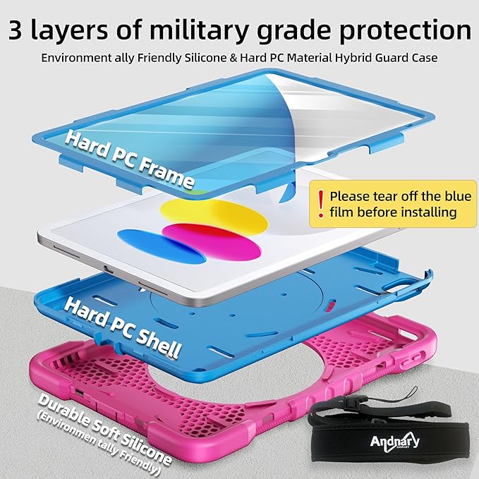 Andnary Case for iPad (A16) 11th Generation 11 inch 2025/10th Generation 10.9 inch 2022 (Rose Red+Blue, Case for iPad (A16) 11th/10th Generation)