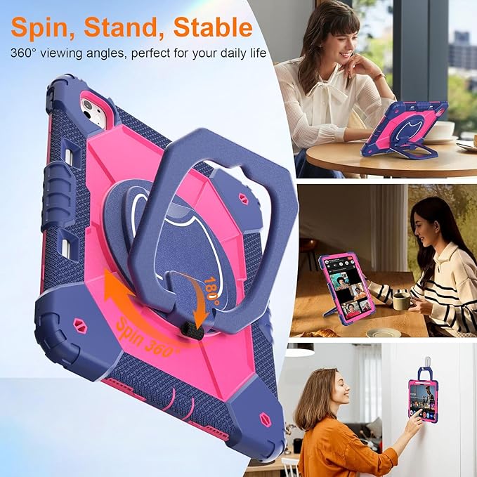 Case for iPad Pro 13 Inch M5 2025/ M4 2024, Ubearkk for iPad Pro 13 Inch case with Screen Protector, 360 Degree Rotating Stand Shoulder Strap Pencil Holder,Military Grade Shockproof, Navy Pink