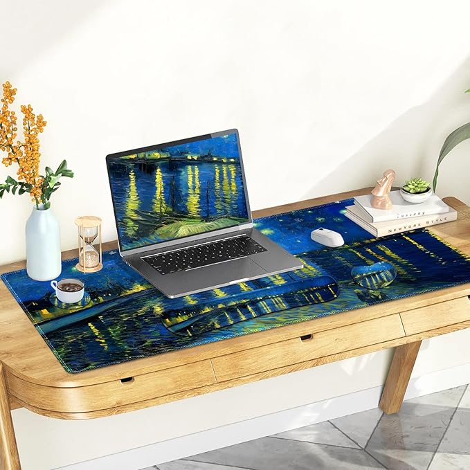 Large Gaming Mouse Pad Set, 4 in 1 Ergonomics Keyboard Desk Mat Memory Foam Wrist Rest, Computer Extended Game Mousepad, Non-Slip Desk Matt Easy Typing Pain Relief I Starry Night Over The Rhone