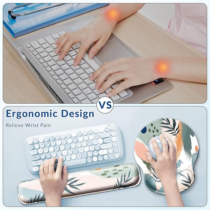 Desk Mat Set + Keyboard and Mouse Pad with Wrist Rest Support,4-in-1 Large Mousepad Computer Mats for Desktop Home & Office-Leaves 2