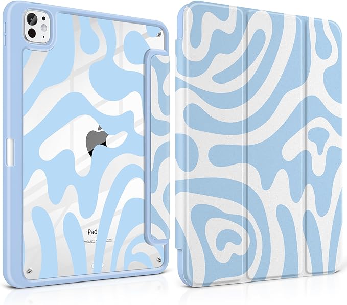 Case for iPad Pro 11 Inch (M5 2025 M4 2024) – [Built-in Pencil Holder], Shockproof & Stylish, Clear Hard Back + Soft TPU Edge, Magnetic Trifold Stand, Auto Wake/Sleep, Blue Wave