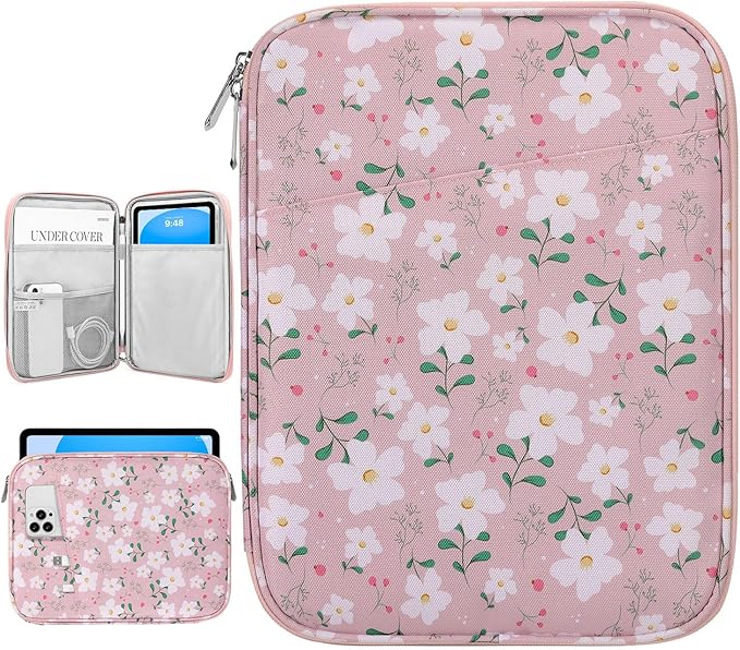Dadanism 9-11" Tablet Sleeve Bag Carrying Case for iPad (A16) 11th Gen 11", iPad 10th Gen 10.9" Air 5/4, iPad Air M4/Pro 11", iPad 9/8/7th, Galaxy Tab A11+ Plus 11", Remarkable 2 10.3", Pink Flowers