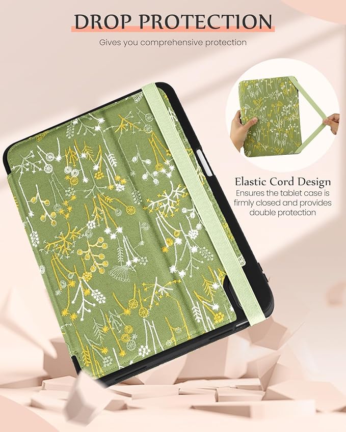 Uppuppy for iPad 10th Generation Case, for iPad (A16) 11th Generation Case - Women Girls Cute Embroidered Folio Stand Cover with Pencil Holder & Card Slot Girly Kawaii Plants Design Aesthetic Cases