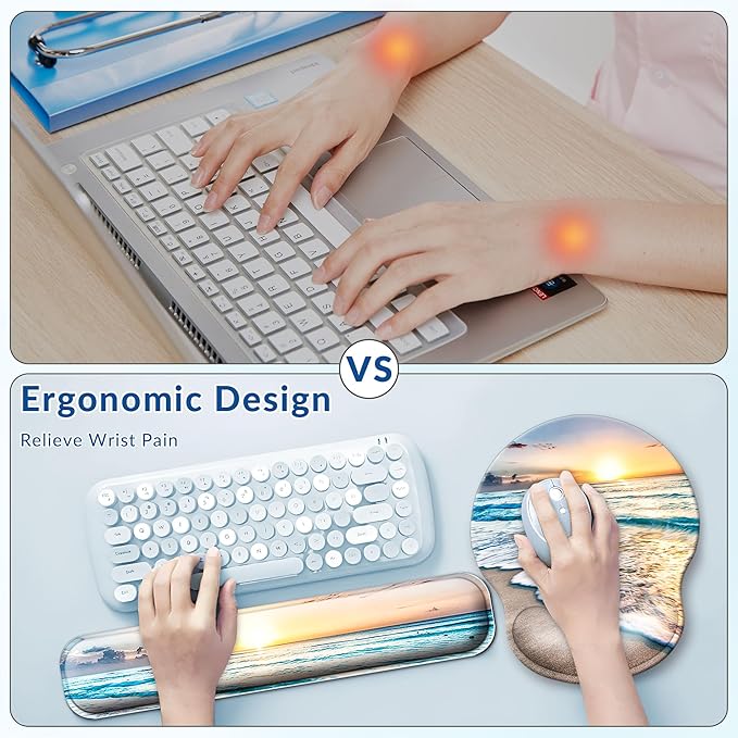 Desk Mat Set + Keyboard and Mouse Pad with Wrist Rest Support,4-in-1 Large Mousepad Computer Mats for Desktop Home & Office-Blue Sunset Beach