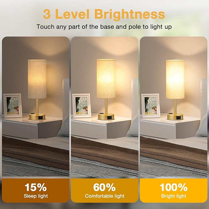 PartageiZ Gold Touch Table Lamps Set - 3 Way Dimmable Bedroom Lamps with USB C and A Ports, Small Lamps for Nightstand with AC Outlet, Gold Base Round Flaxen Shade for Desk, Office, Dorm, Nursery