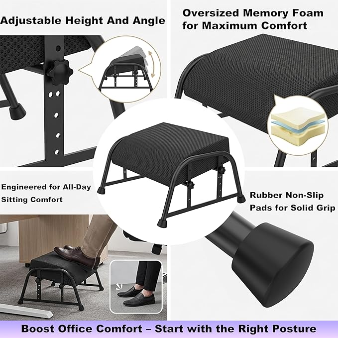 Under Desk Footrest with Memory Foam, Adjustable 10-Level Ergonomic Foot Rest for Office & Gaming Desk Accessories for Leg Rest, Reinforced Metal Frame, Non-Slip Base Extra Large（Black