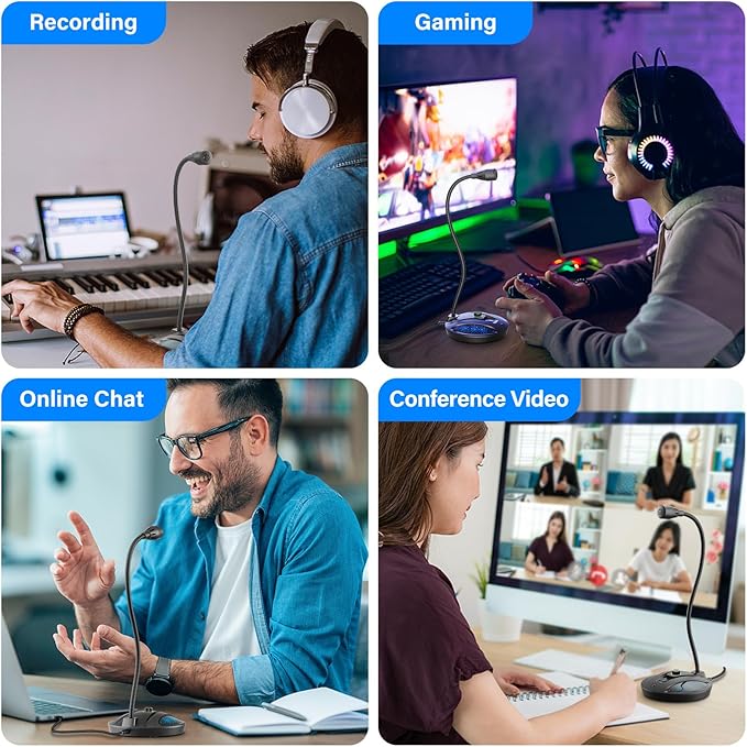 USB Microphone for PC, Plug & Play Computer Mic with Noise Cancelling & Mute, Flexible Gooseneck Desktop Mic for Podcasting, Streaming, Video Conferences, Compatible with Windows & Mac