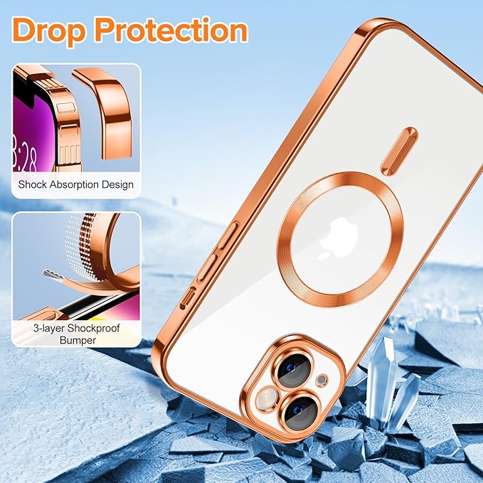 Hython Magnetic Clear for iPhone 14 Plus Case with Camera Lens Protector [Compatible with MagSafe] Luxury Plating Edge Slim Soft TPU Cover Protective Phone Case for iPhone 14 Plus 6.7", Orange